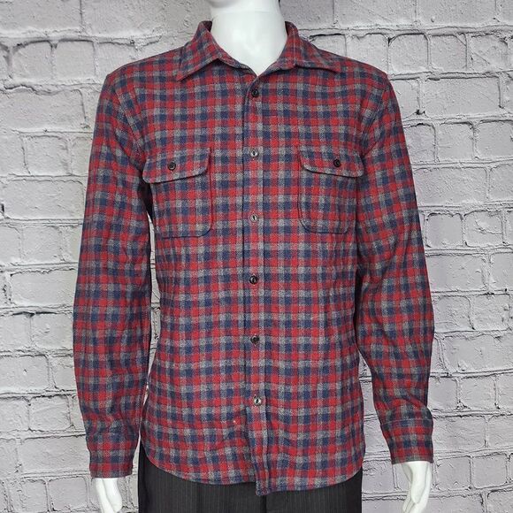 Wallin & Bros Red/Grey Wool Blend Plaid Long Sleeve Shirt, Men's Large - Picture 2 of 10
